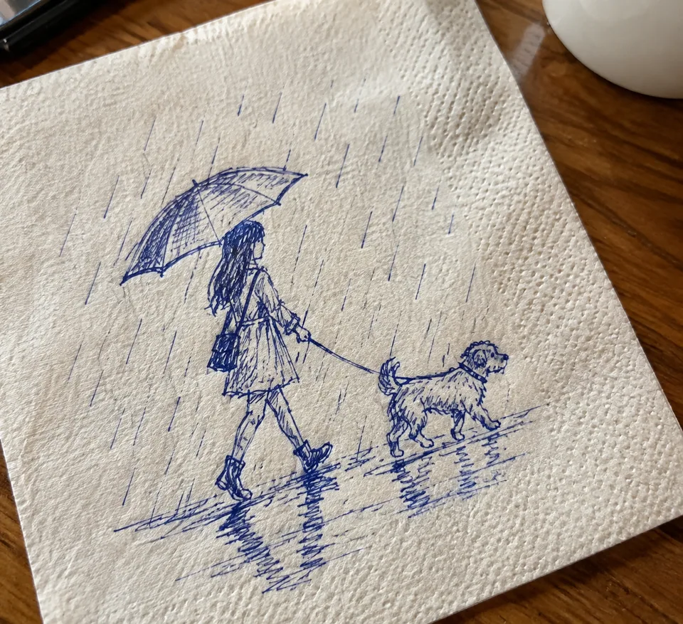 Napkin doodle of a girl with an umbrella and a dog