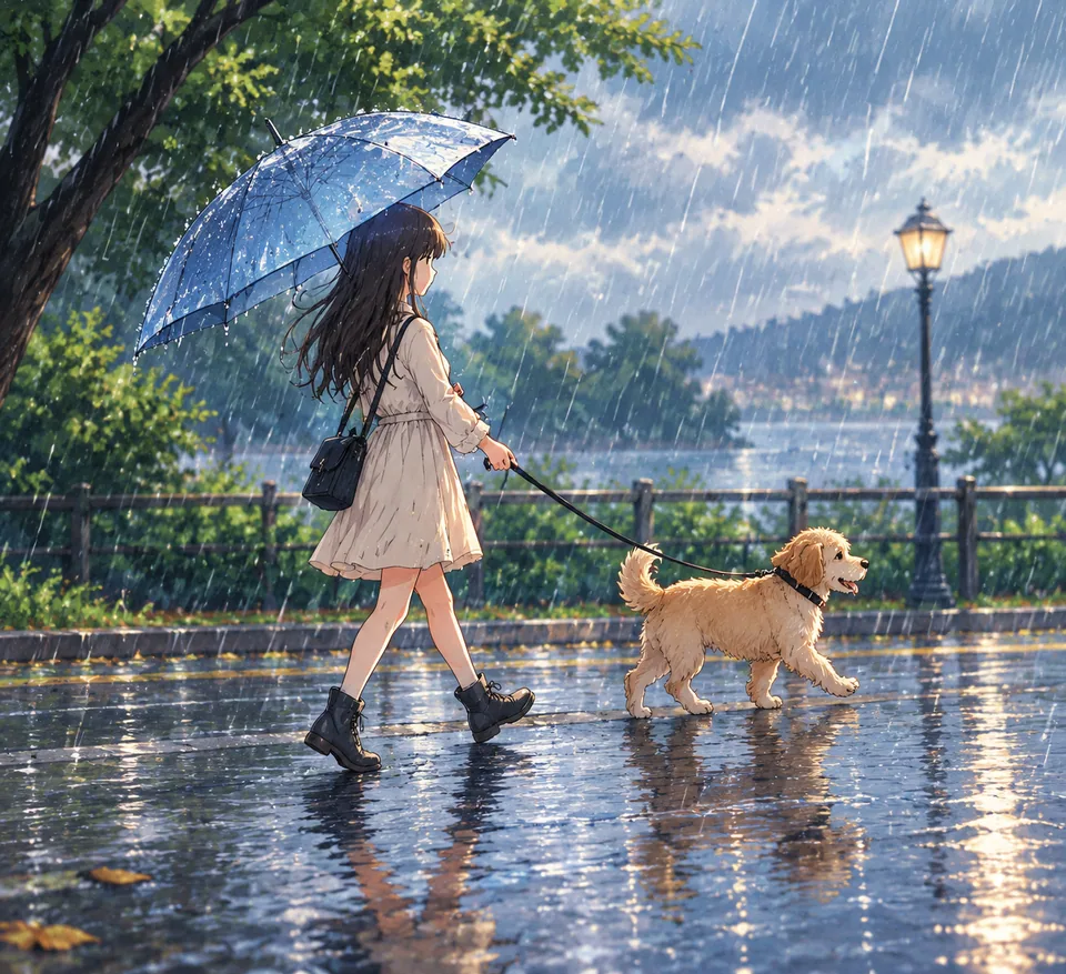 Anime-style illustration of the girl and dog in the rain