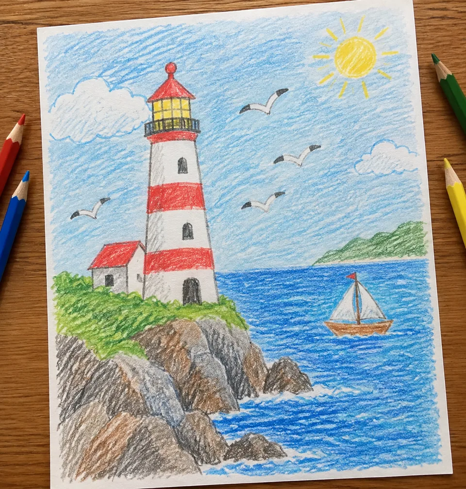 Colored-pencil drawing of a lighthouse and a boat