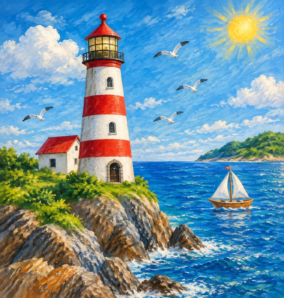 Lighthouse scene reimagined as an oil painting