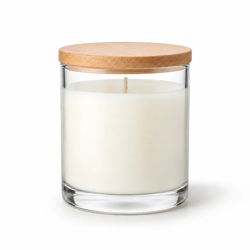 The same candle with a soft contact shadow and a natural cast shadow