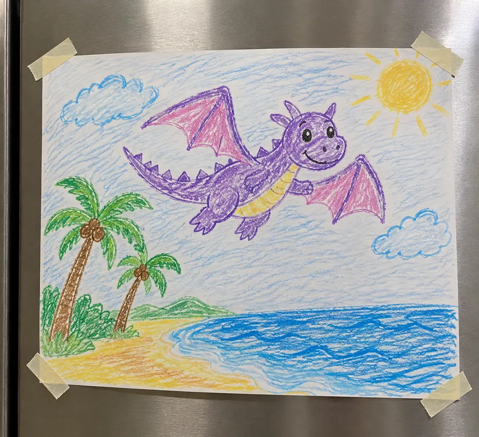 Original: a child's colored-pencil drawing of a monster over a beach