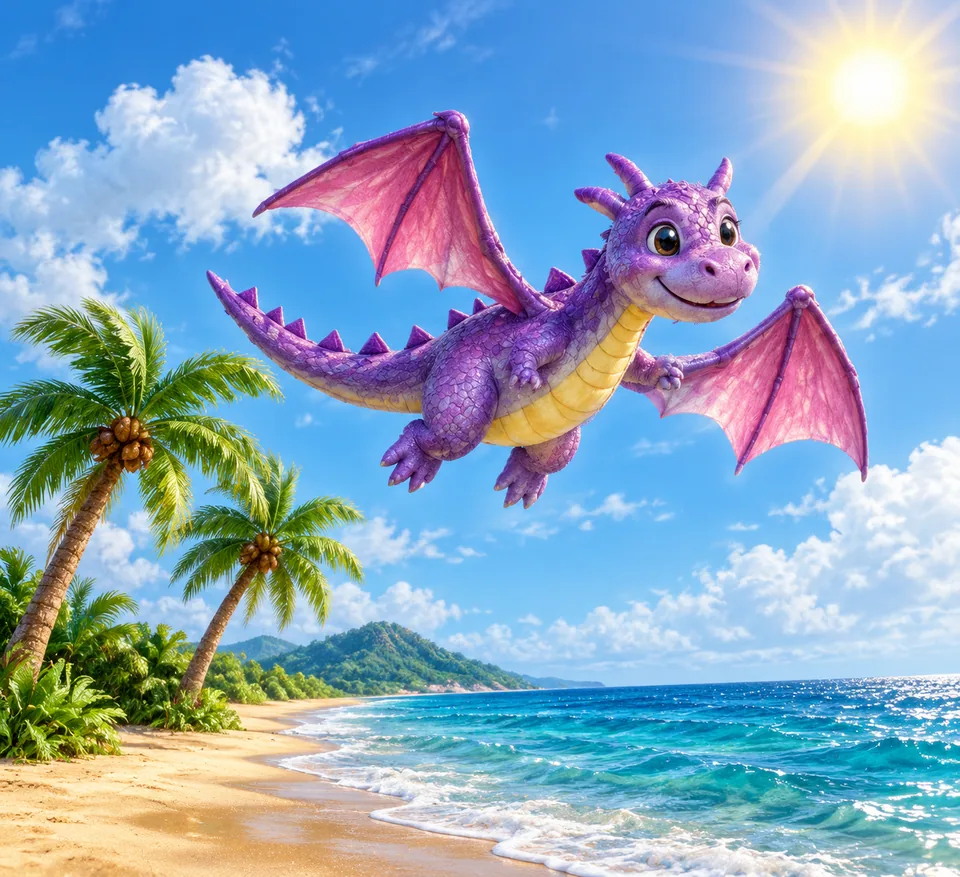 The drawing brought to life: a friendly purple creature over a real beach