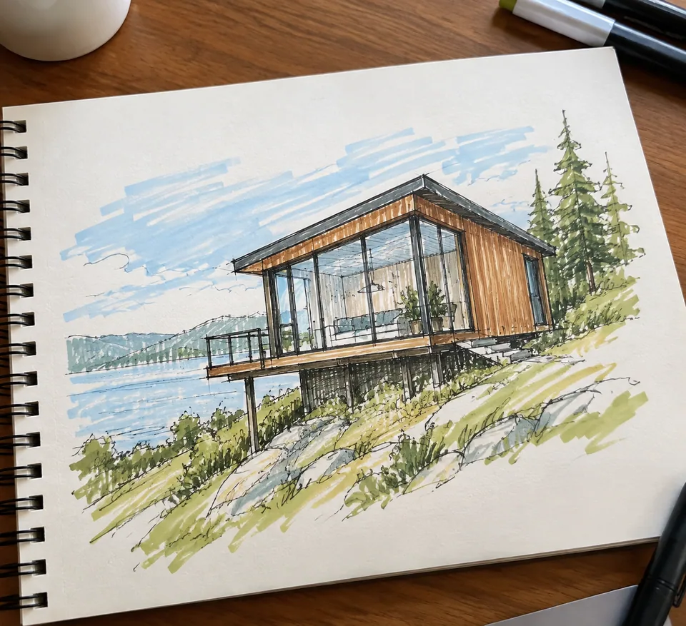 Original: marker concept sketch of a tiny house on a hill