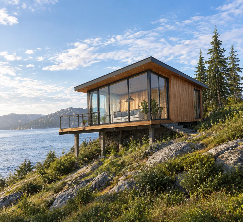 Photoreal tiny house with big windows on a green hillside