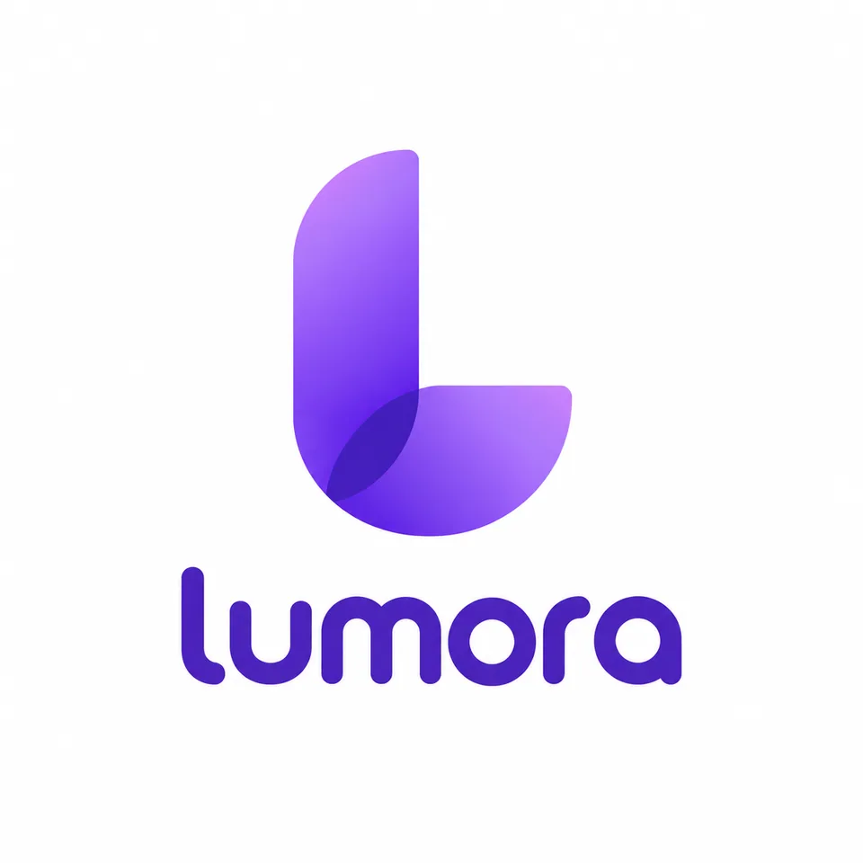 Original Lumora logo: violet L of two arcs with a lowercase wordmark