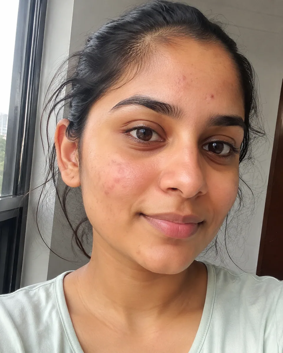 Original selfie: young woman with acne spots and redness