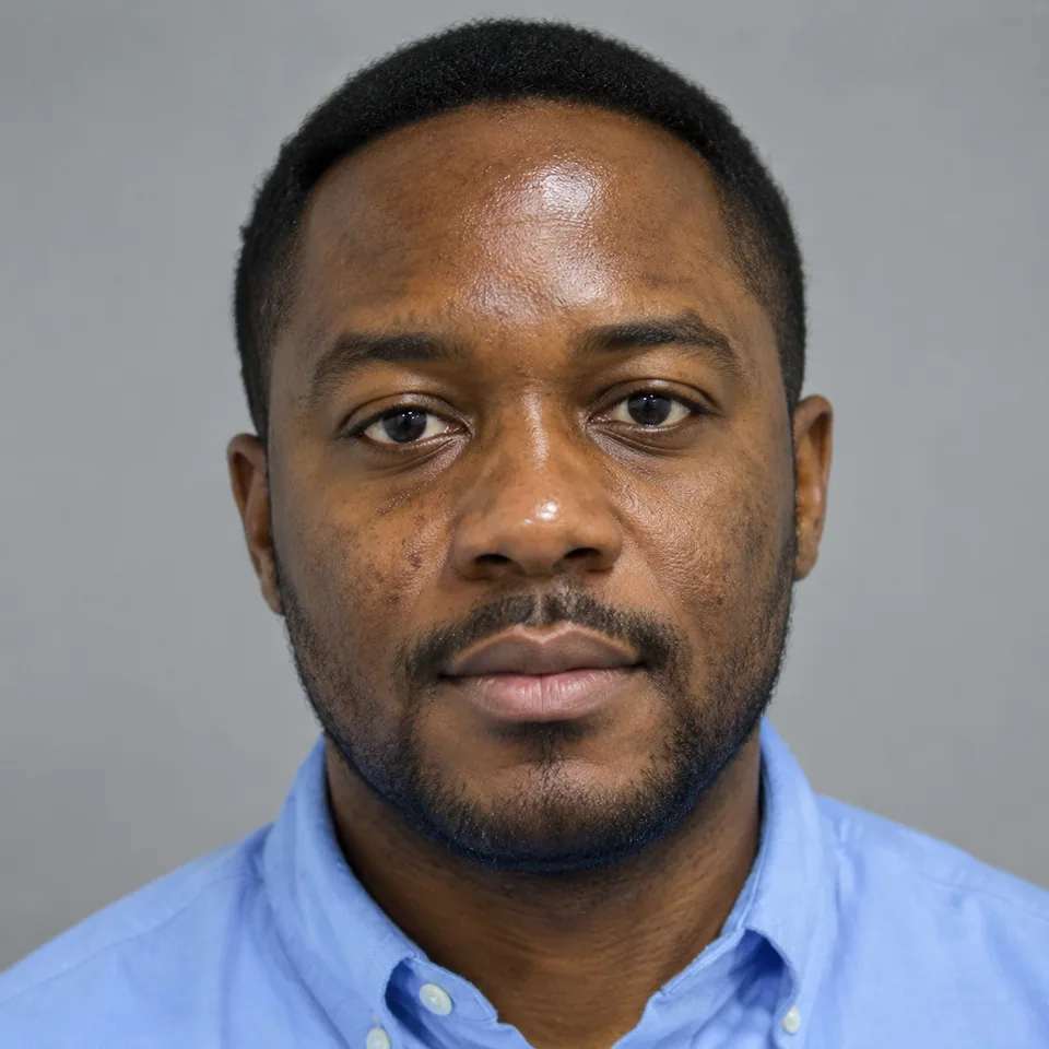 Professional headshot with uneven tone and an oily forehead