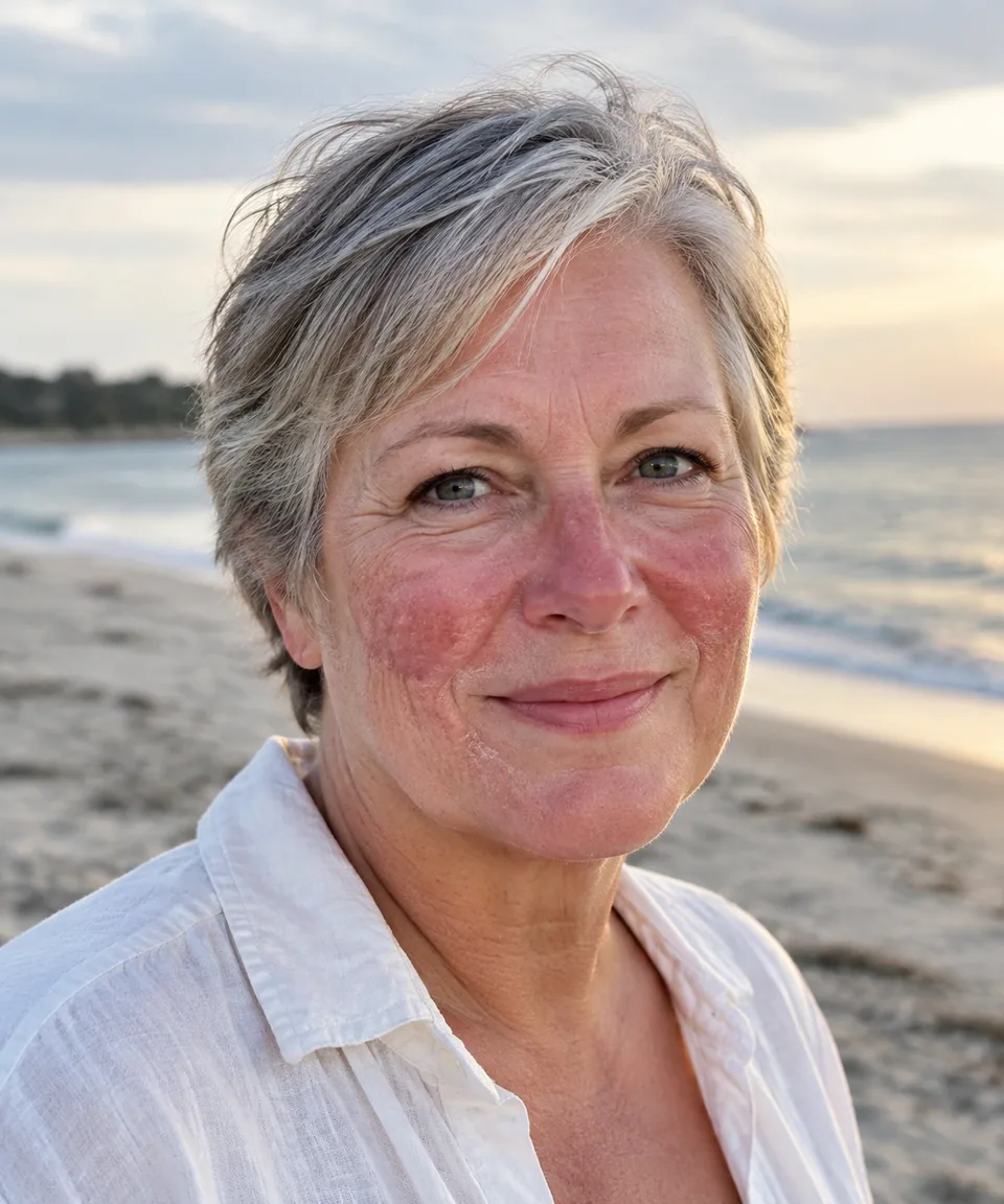 Beach portrait of an older woman with sun redness and blotchy skin