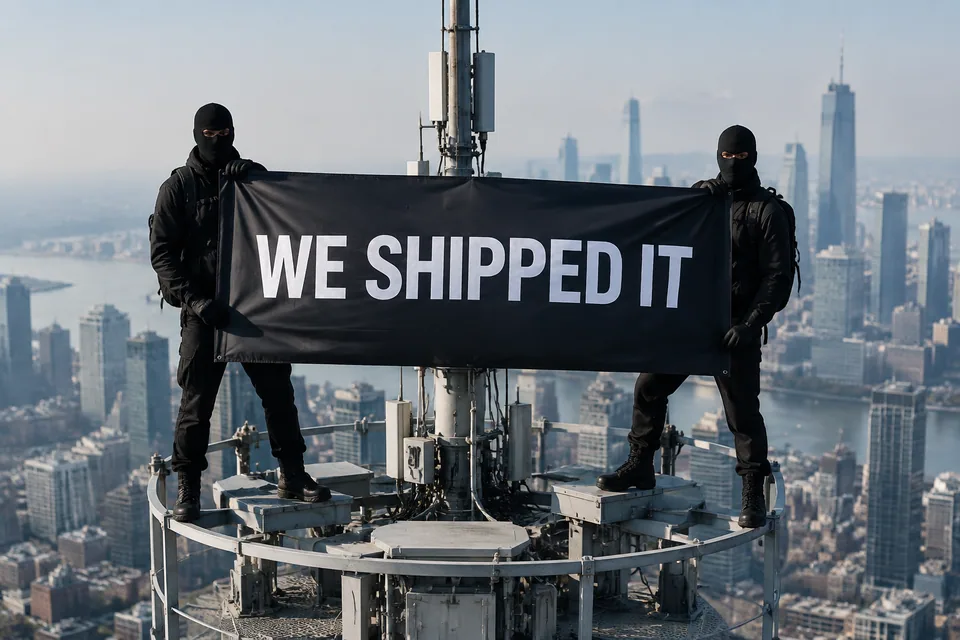Two people in balaclavas hold a WE SHIPPED IT banner atop a skyscraper antenna
