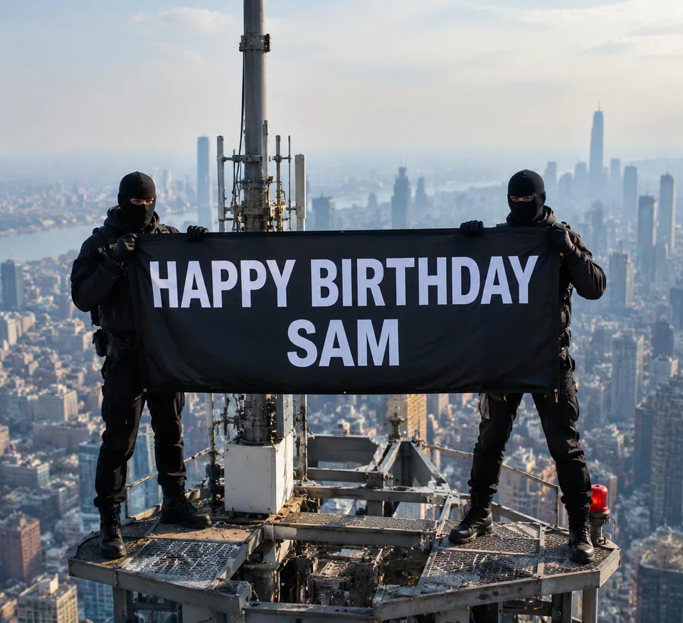 Viral skyline shot: HAPPY BIRTHDAY SAM banner high above a hazy desert city