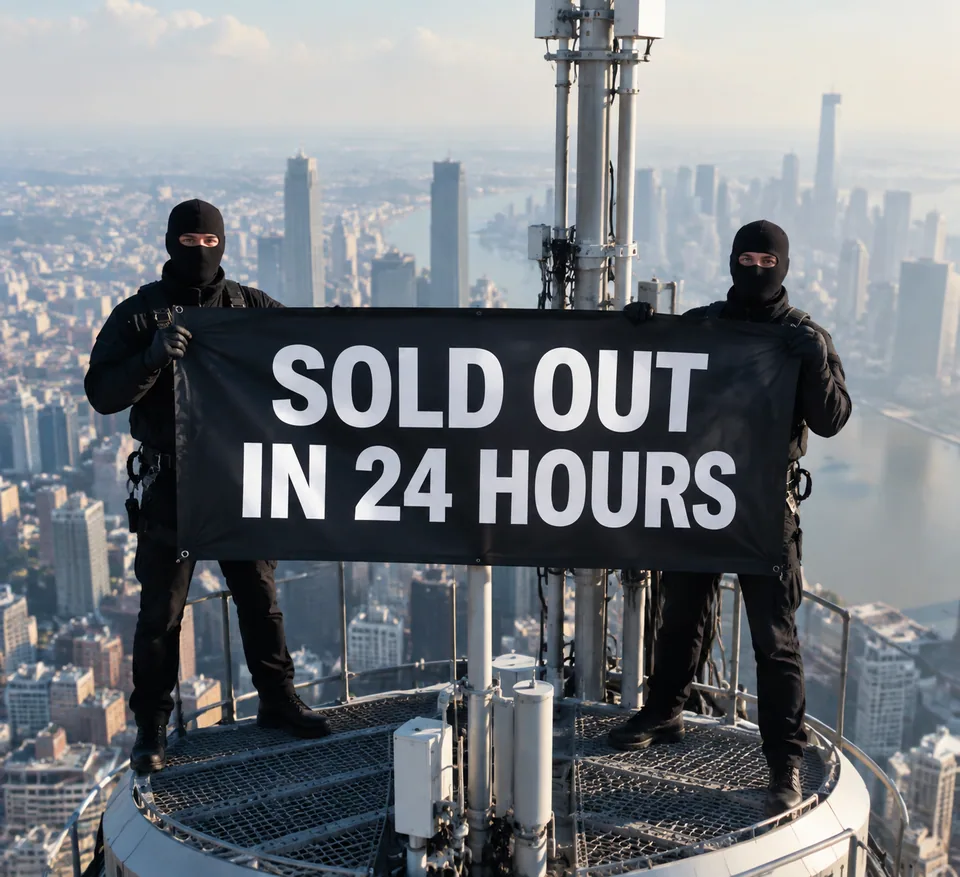 Black banner reading SOLD OUT IN 24 HOURS on a skyscraper spire over a metropolis