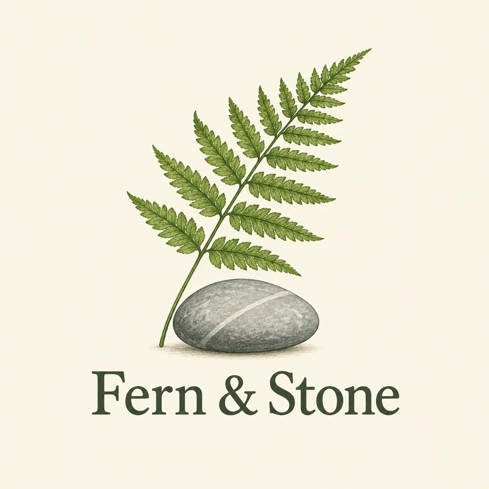 Original Fern & Stone logo: fern over a pebble with serif text