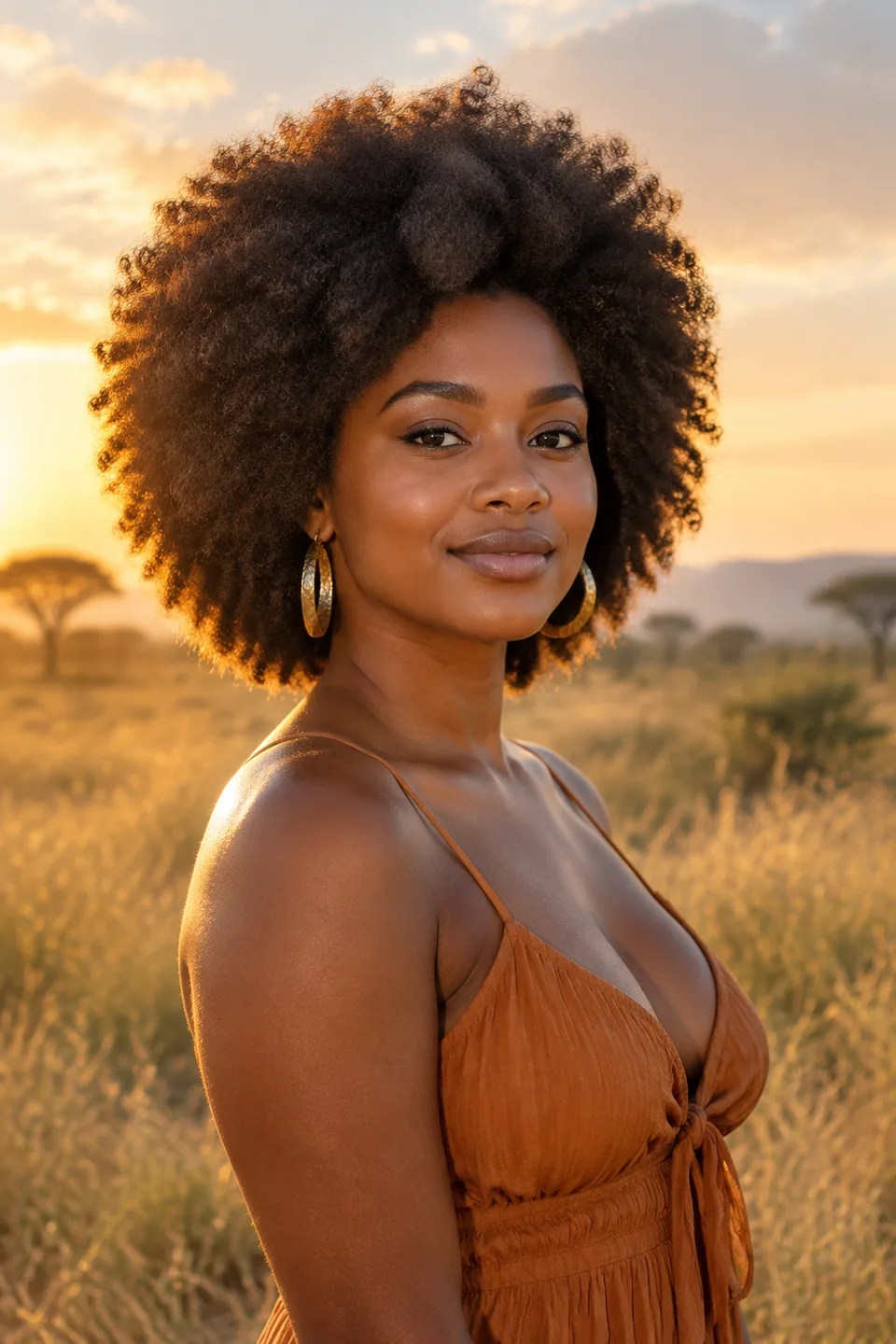Original photo: woman with a voluminous afro in golden grassland