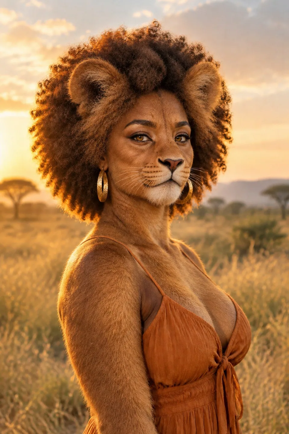 Lion alter ego: her face kept, afro blended into a golden mane