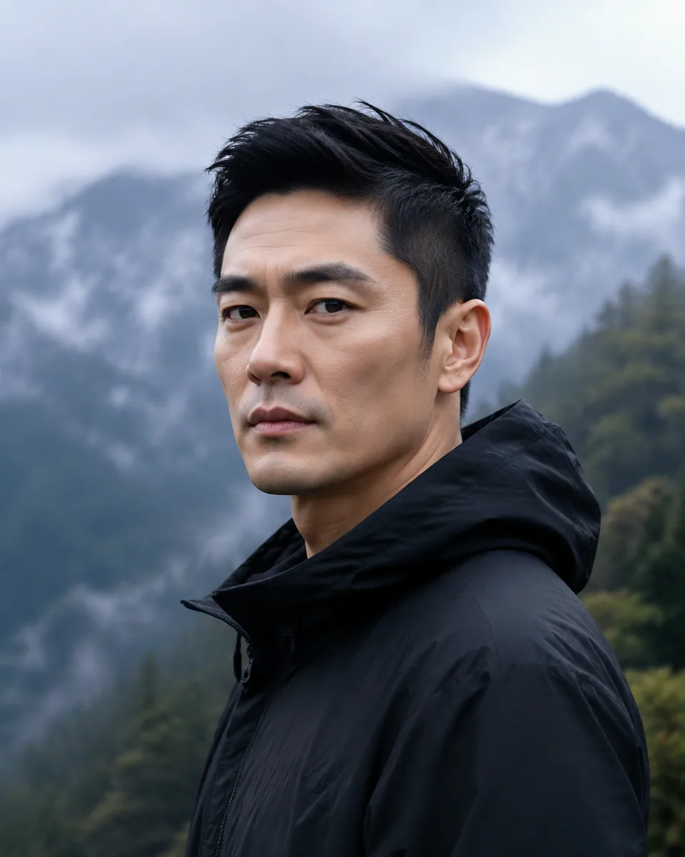 Original photo: man in a black jacket in a misty mountain forest