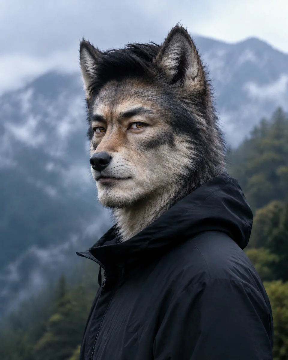 Wolf alter ego: grey fur, wolf ears and eyes on his recognizable face