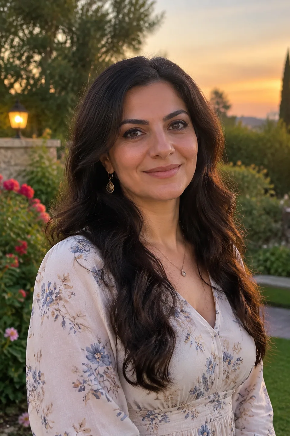 Original photo: woman with dark wavy hair in a garden at dusk