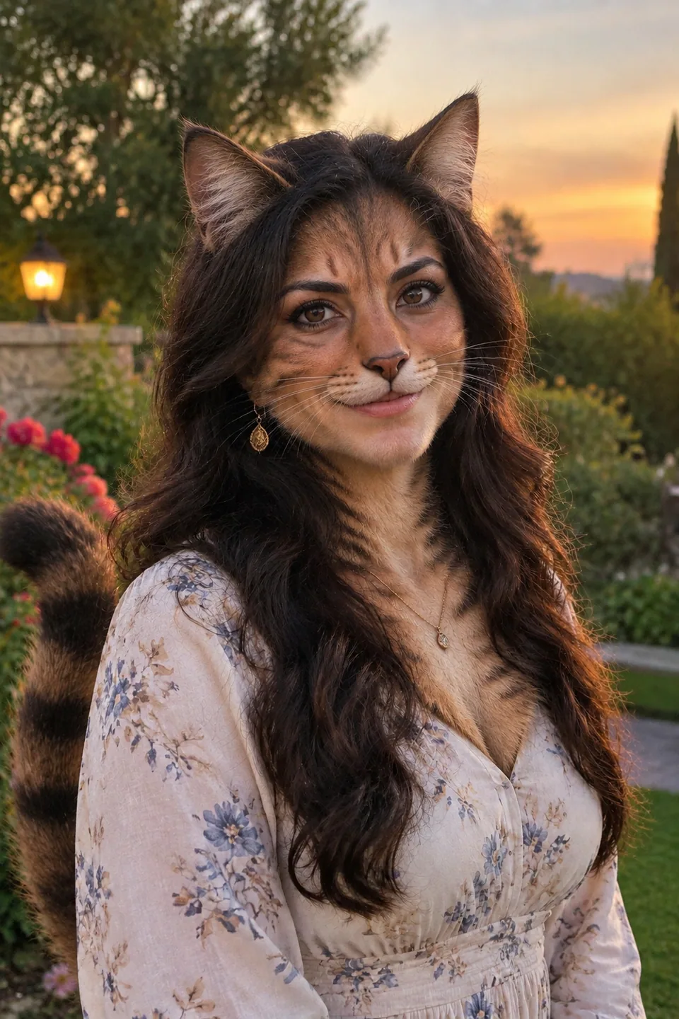Cat alter ego: feline ears and eyes, same smile and wavy hair