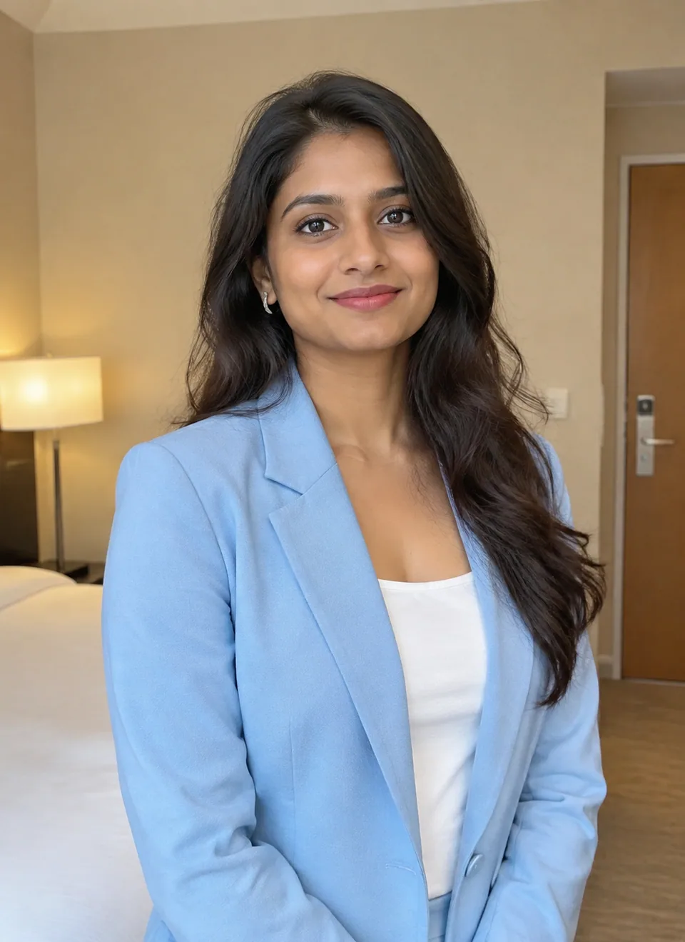 Original photo: woman in a blue blazer in a plain hotel room