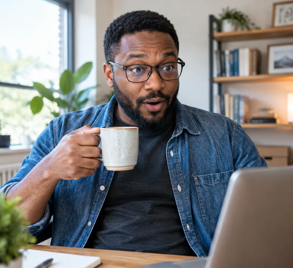 Original photo: surprised man with glasses holding a mug