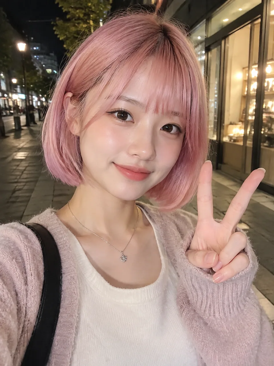 Original photo: woman with a pink bob making a peace sign at night