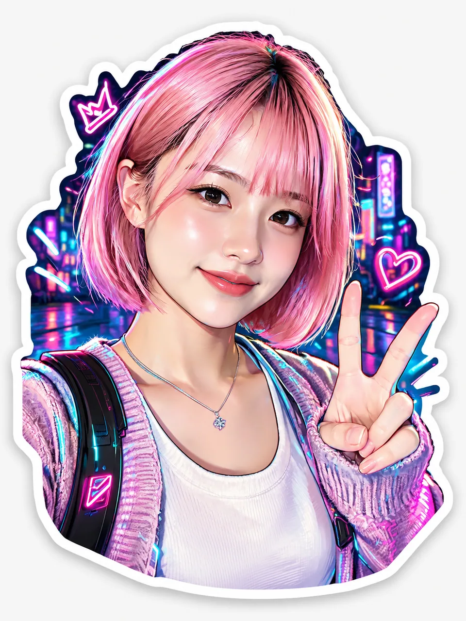 Cyberpunk sticker with neon glow, pink bob and peace sign kept
