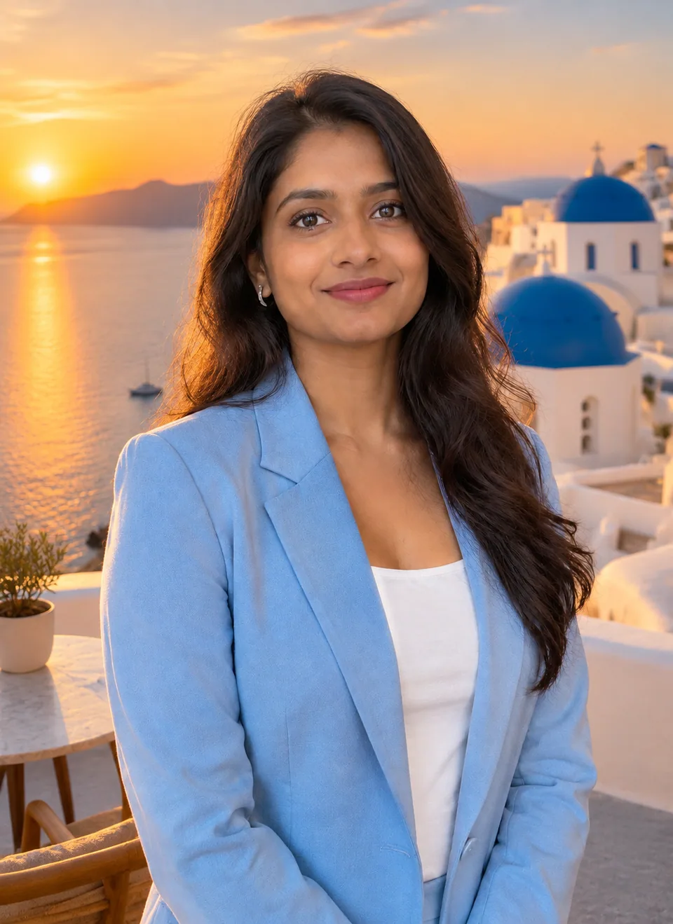 AI result: the same woman on a Santorini terrace at golden hour