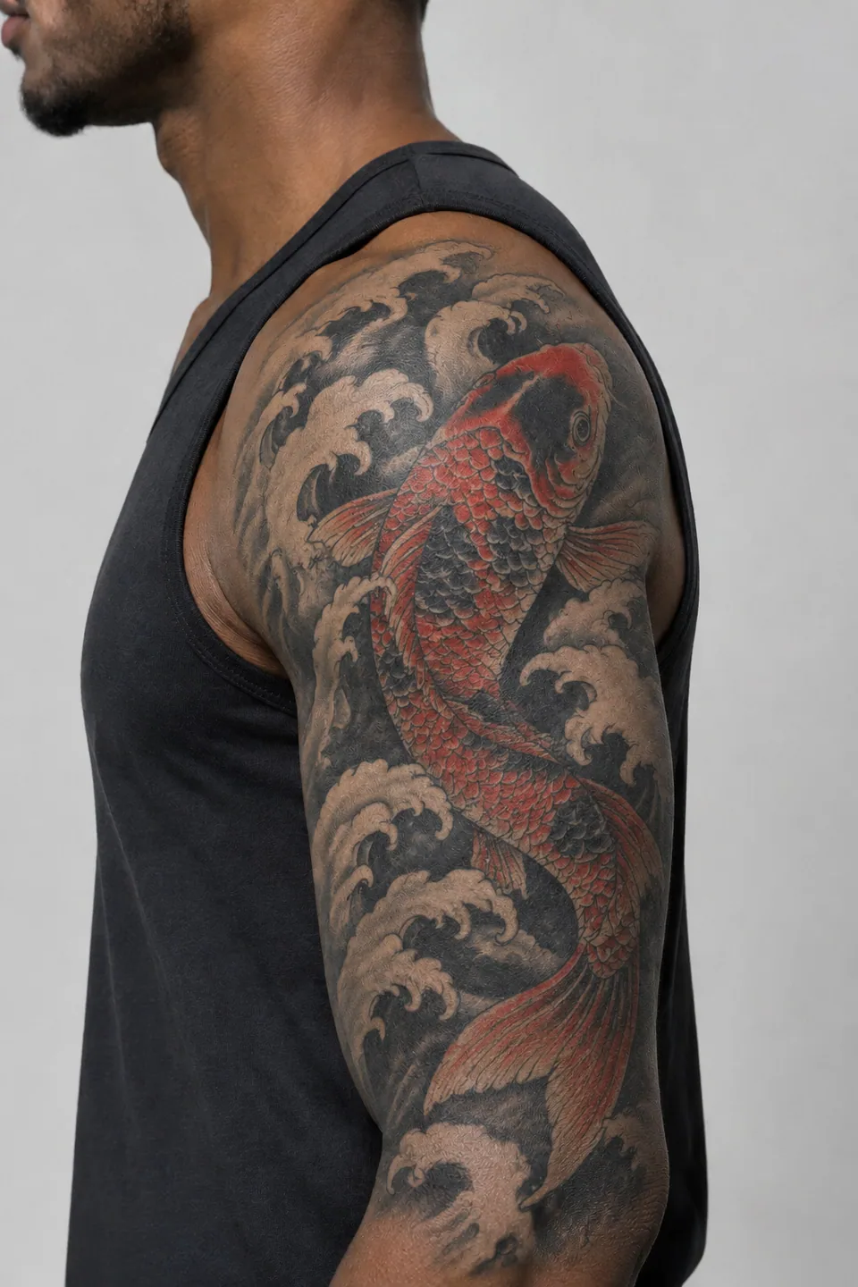 Japanese-style koi and waves tattoo wrapping the same shoulder