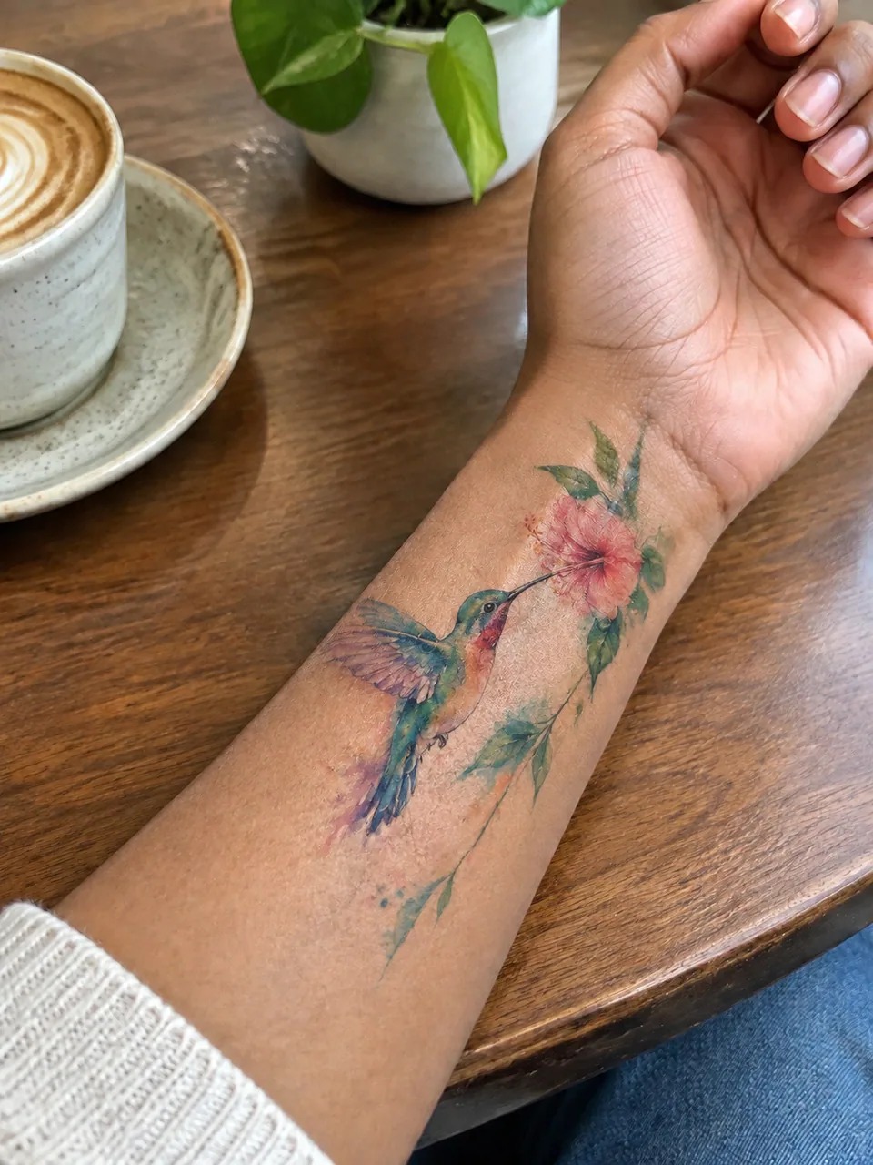 Watercolor hummingbird and flower tattoo on the inner wrist