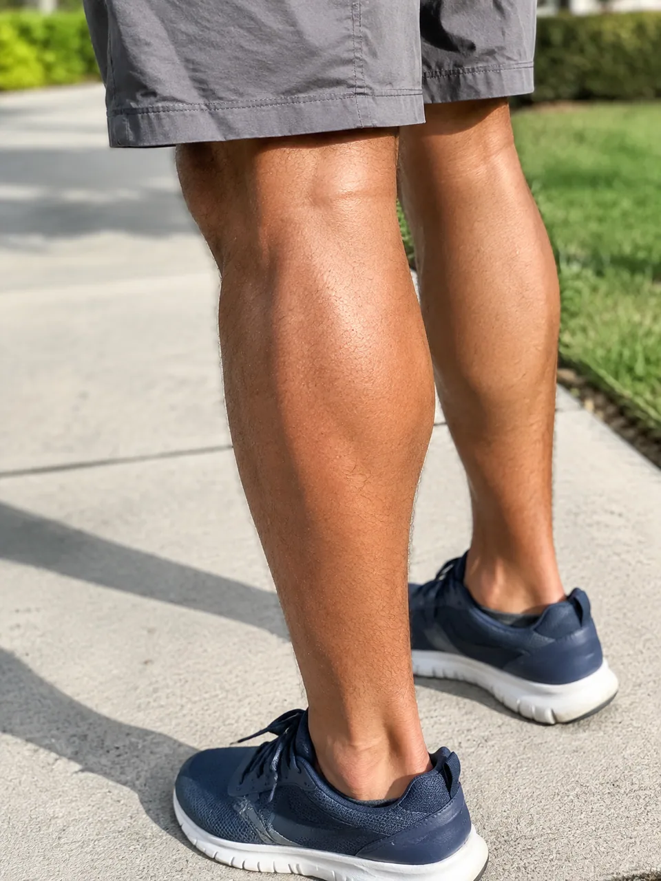 Original photo: bare calf, man in shorts on a sidewalk