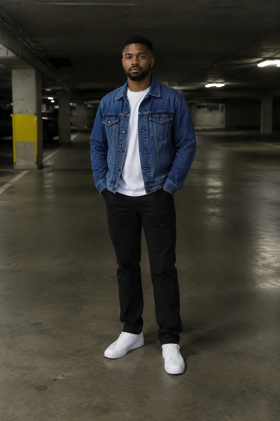 Original photo: man in a denim jacket in a dim parking garage