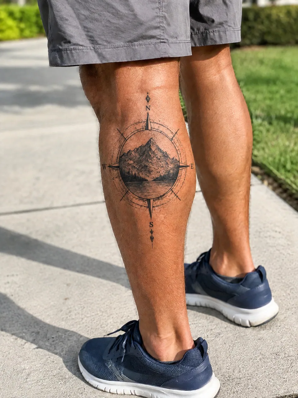 Geometric compass tattoo with mountains following the calf's curve
