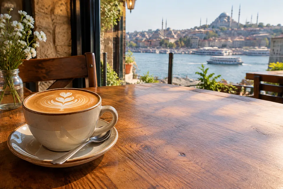 Original photo: latte with latte art on a café table