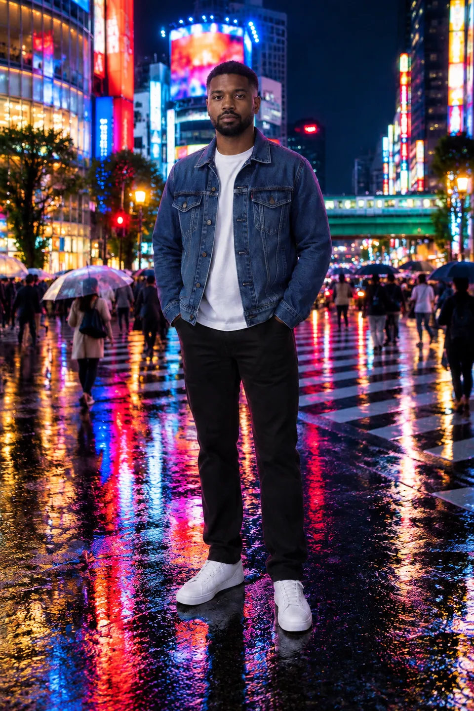 AI result: the same man on a neon-lit Tokyo street at night