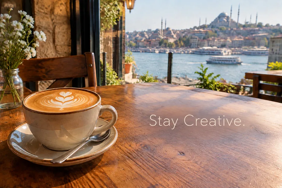 AI result: clean minimal 'Stay Creative' text beside the cup