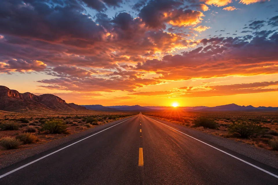 Original photo: desert highway at sunset