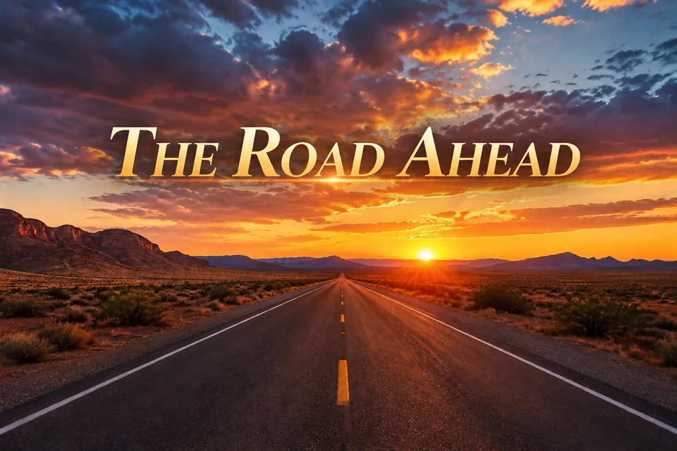 AI result: cinematic 'The Road Ahead' title over the highway