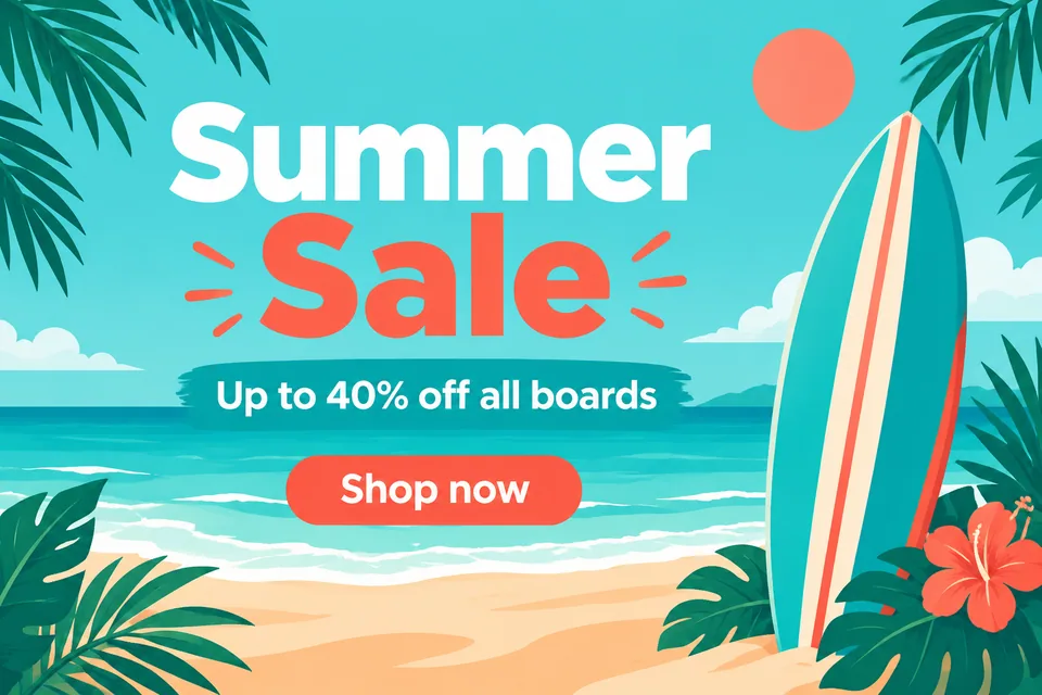Original banner with English text 'Summer Sale' and a surfboard