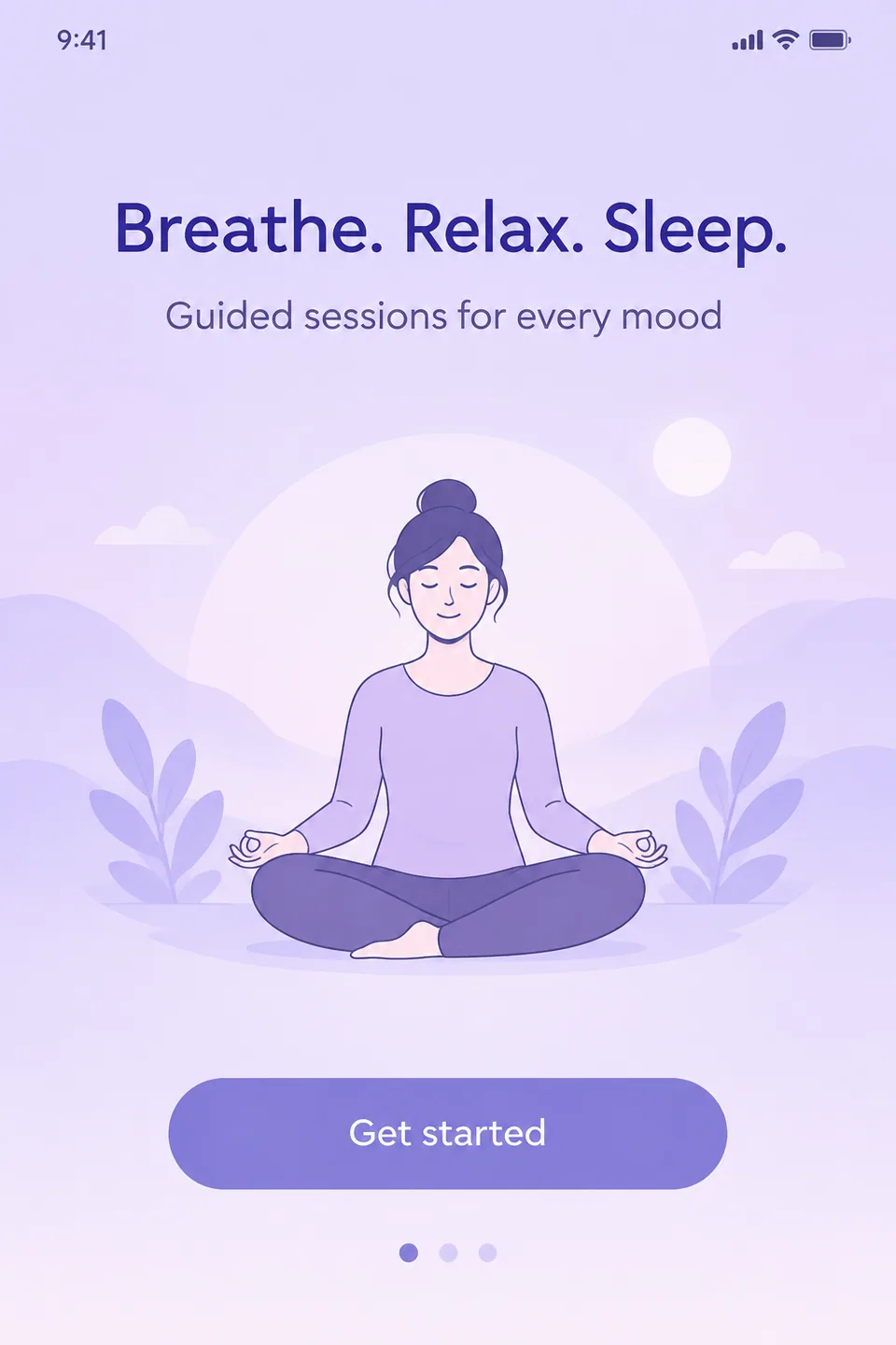 App onboarding screen with English text 'Breathe. Relax. Sleep.'