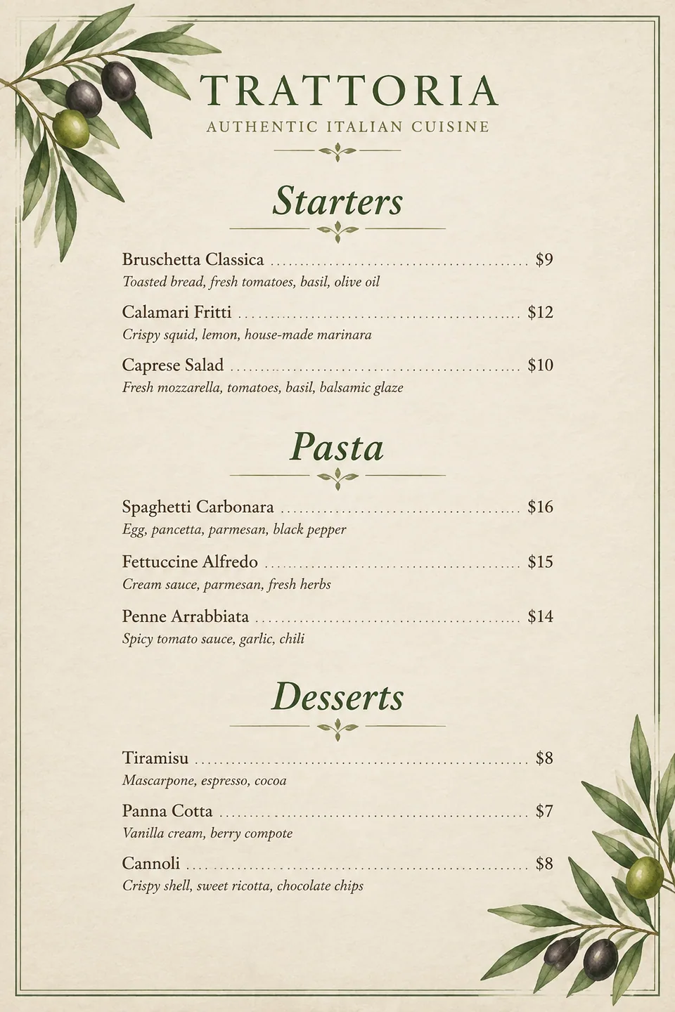 Trattoria menu flyer in English with starters, pasta and desserts