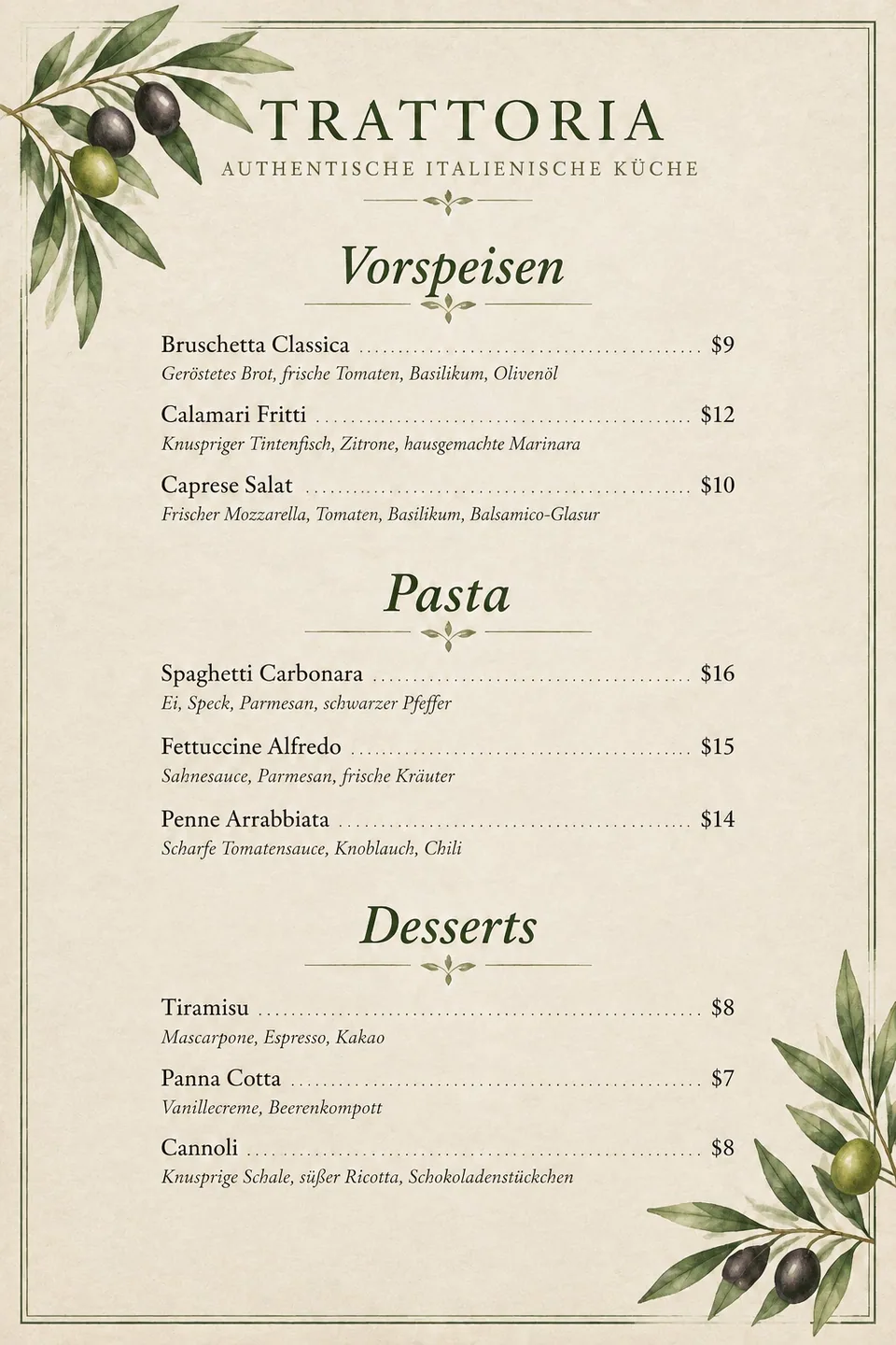 The same menu translated into German, prices and layout intact