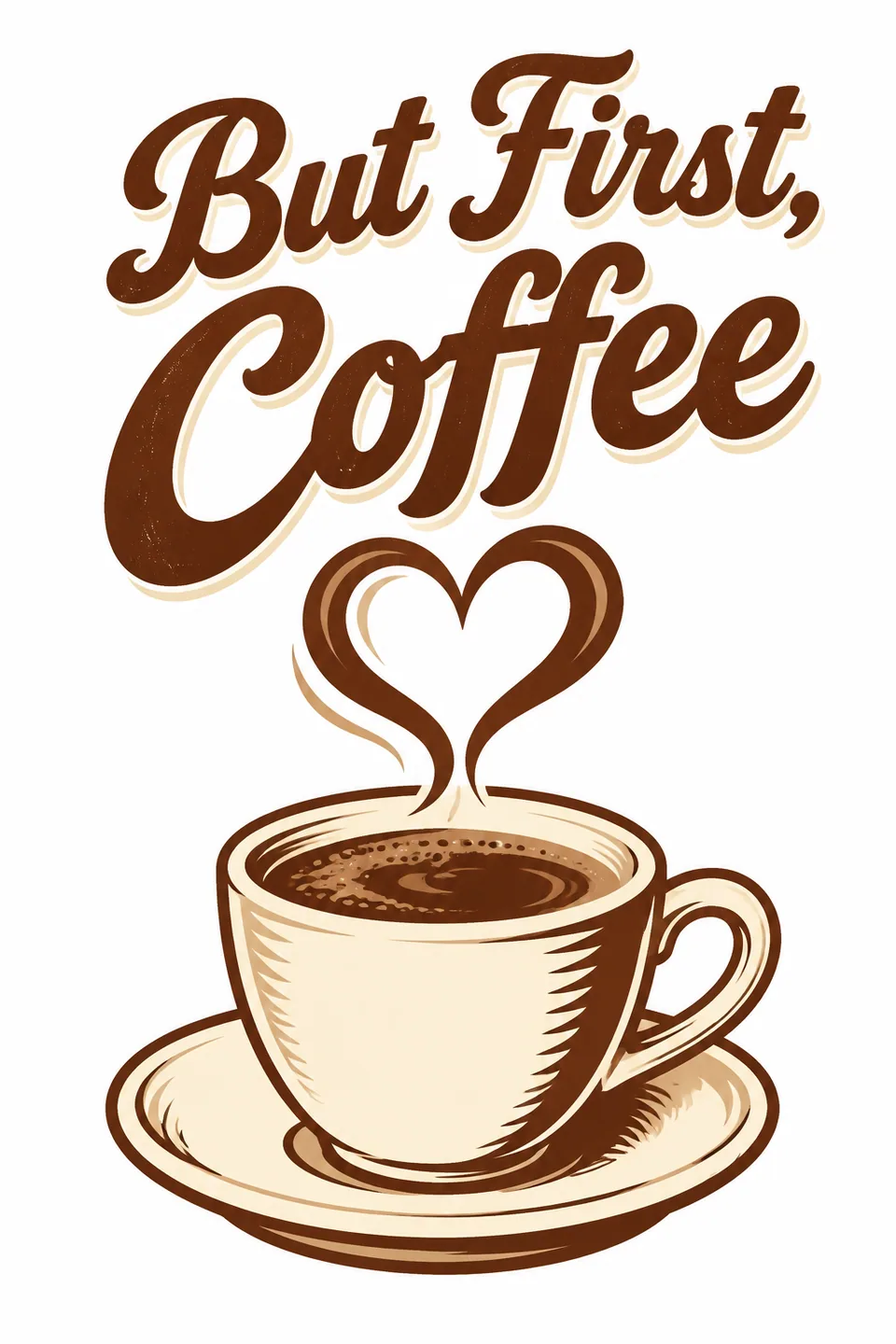 Original design: coffee cup illustration with 'But First, Coffee'