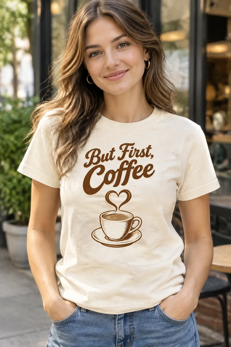 AI result: cream tee with the chest print worn by a woman outdoors