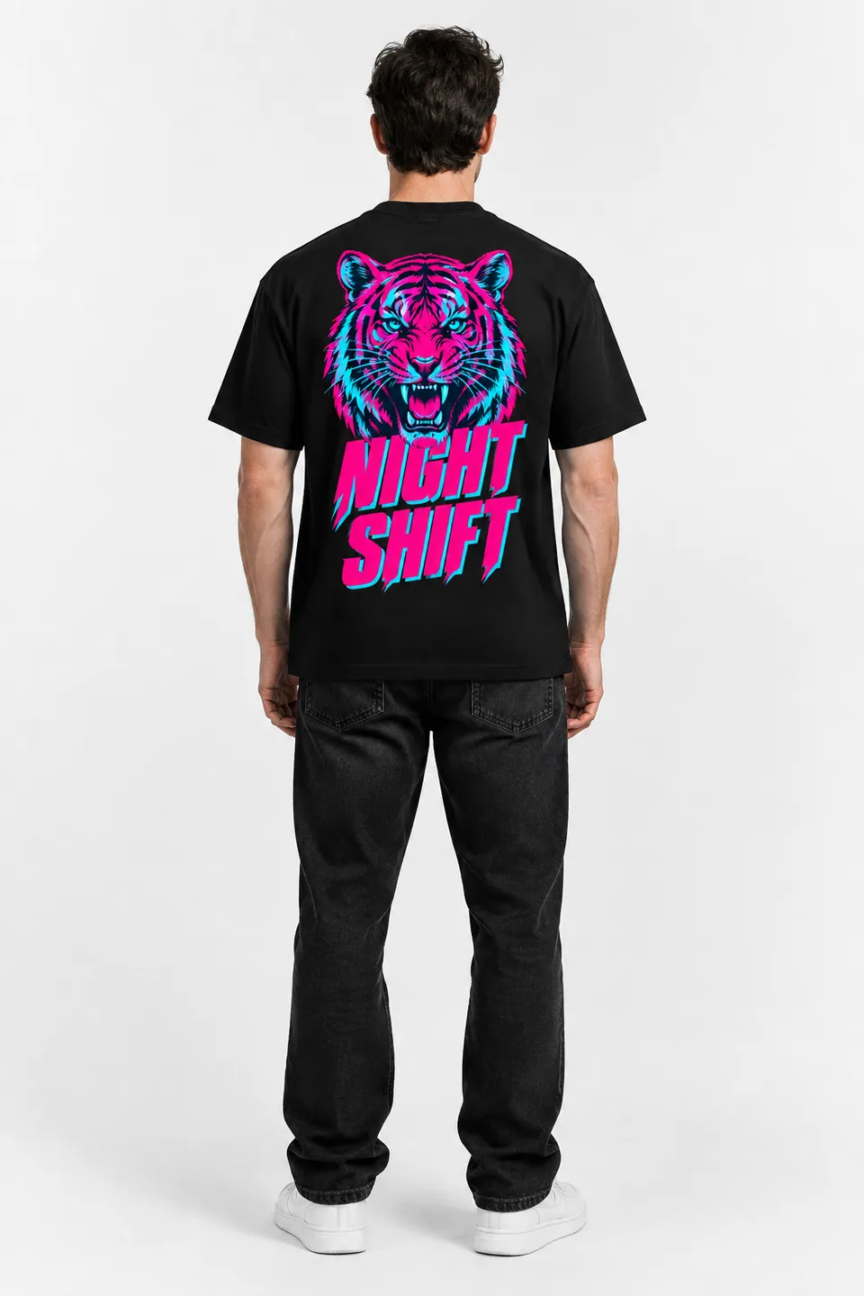 AI result: black tee with a large back print, full-length shot of a man