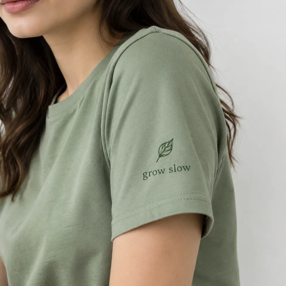AI result: close-up of a sage tee with the leaf print on the left sleeve