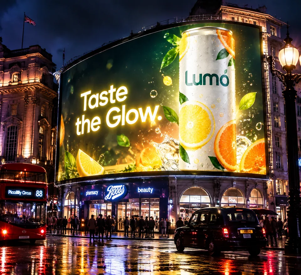 AI result: neon night billboard at Piccadilly with the 'Taste the Glow' headline
