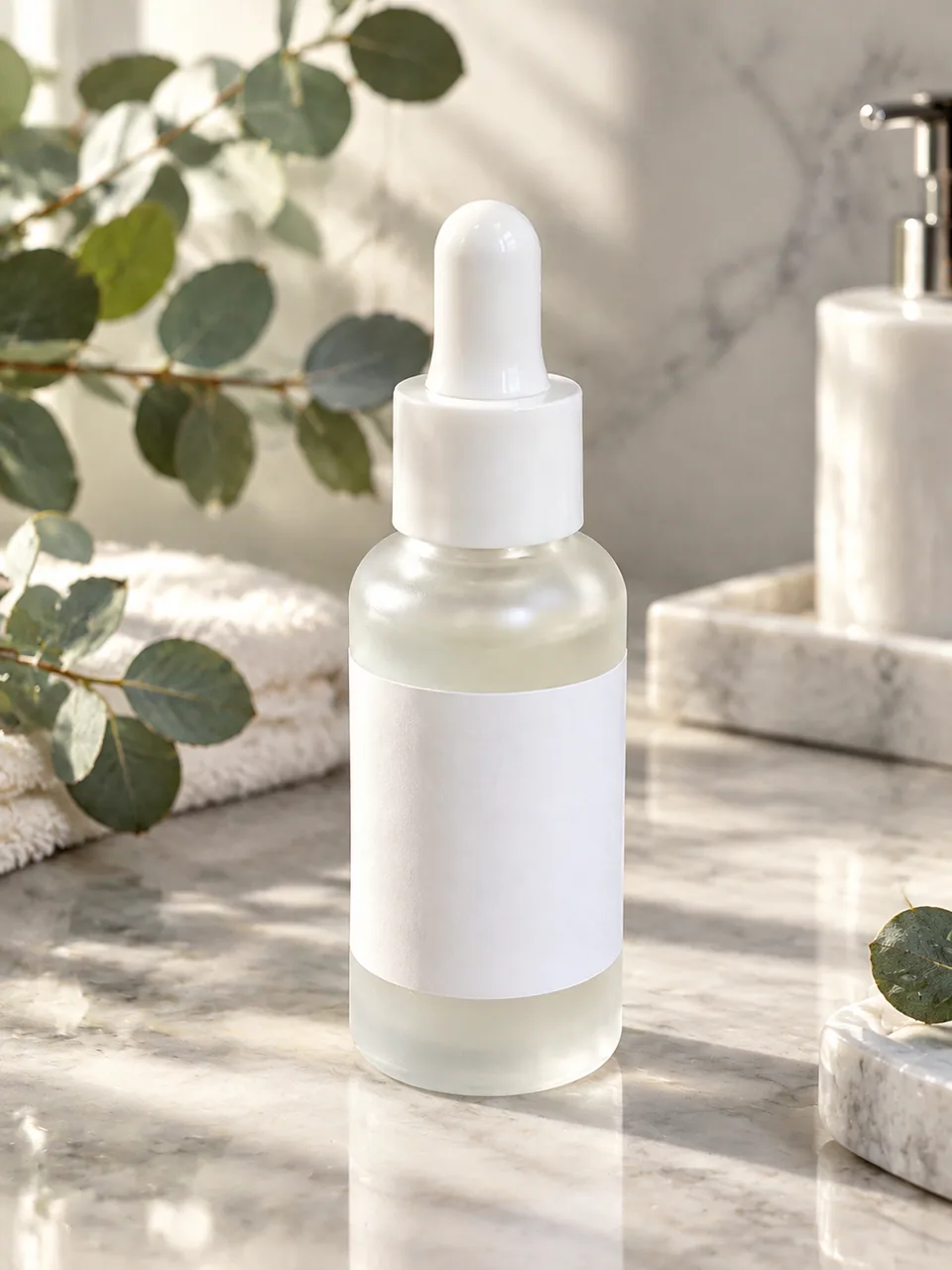 Campaign visual: the same serum in a marble bathroom with eucalyptus