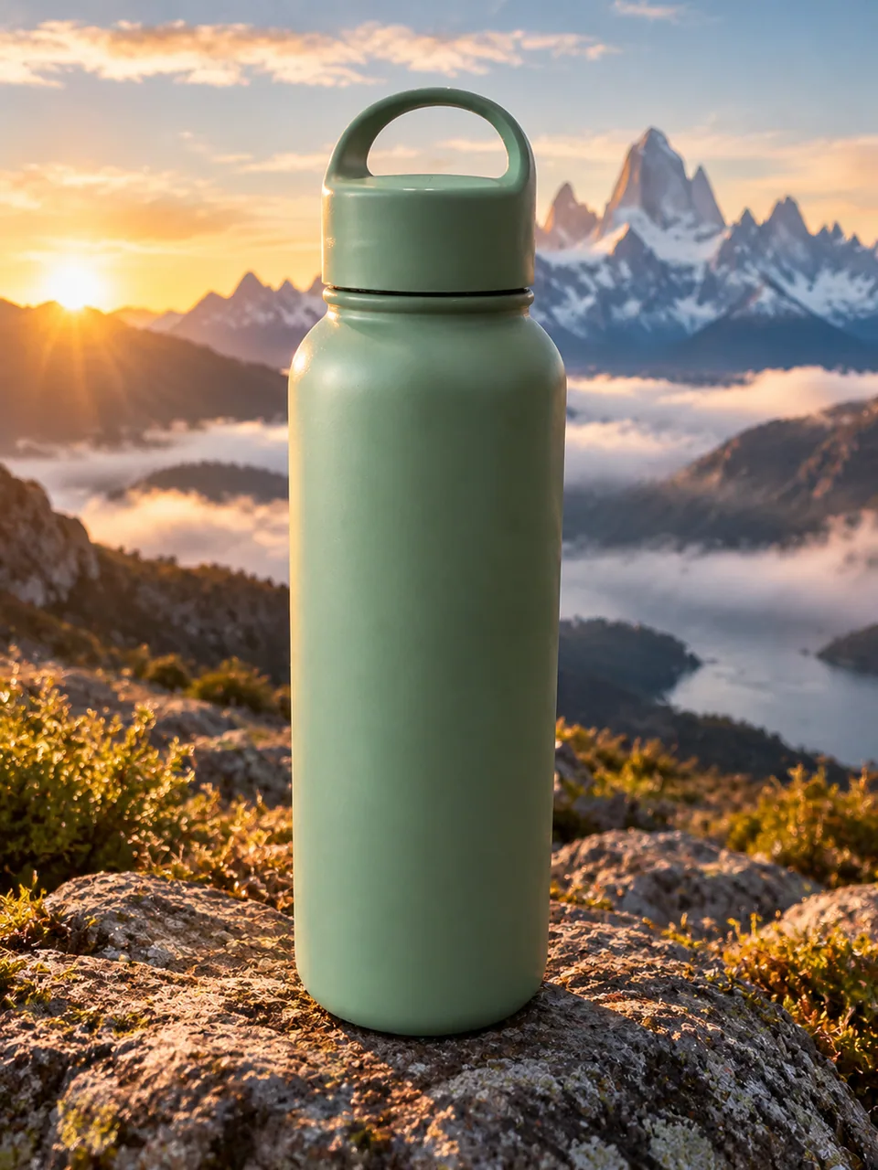 Campaign shot: the bottle on a Patagonia trail at sunrise
