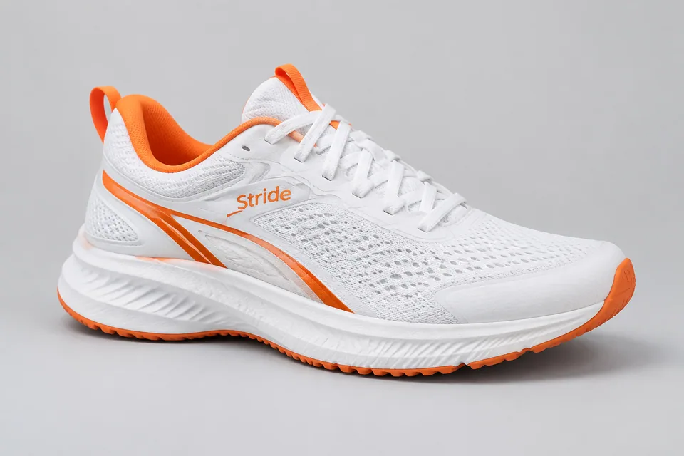 Original photo: white and orange running sneaker on grey